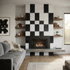 Black and white marble checkered fireplace surround with modern gas firebox in como carrara white and nero marquina tiles