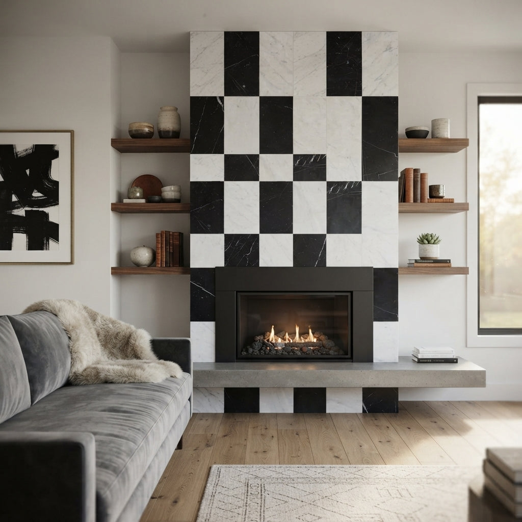 Black and white marble checkered fireplace surround with modern gas firebox in como carrara white and nero marquina tiles