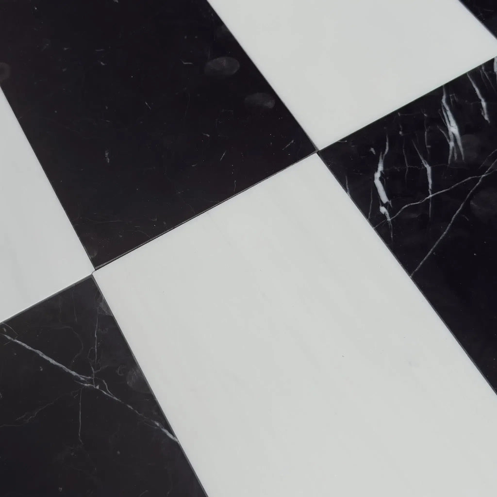 Black and white checkered floor tiles from Como in Bianco Dolomite and Nero Marquina set