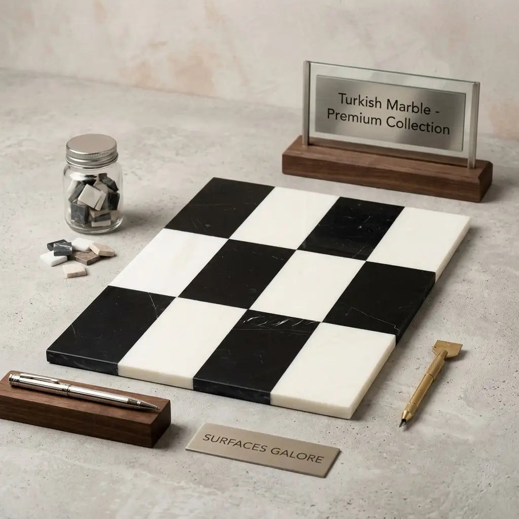 Black and white turkish marble checkered board featuring como in bianco dolomite 6x12 and nero marquina 6x12 set