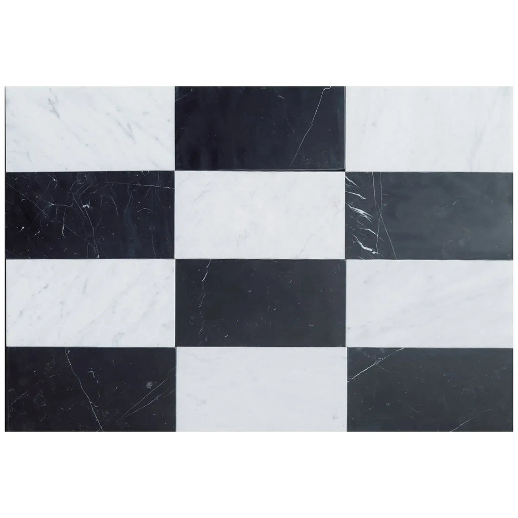 Black and white checkered tile pattern from Como in Carrara White and Nero Marquina set