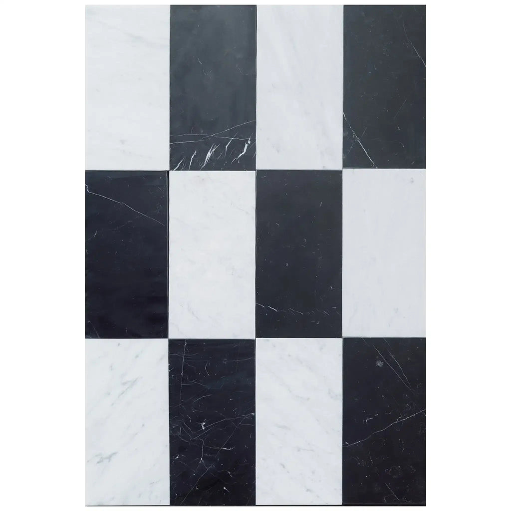 Black and white checkered marble tiles from Como in Carrara White and Nero Marquina set