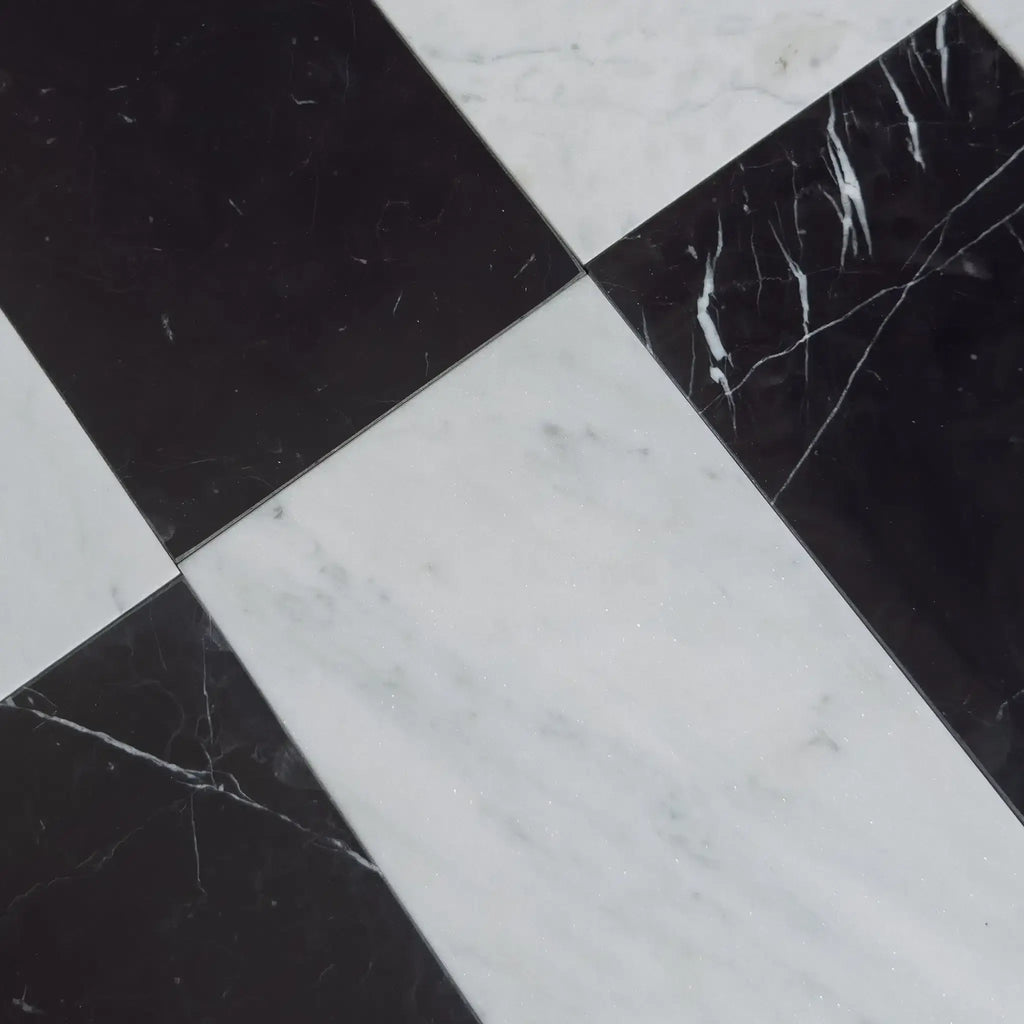 Black and white checkered marble tiles from Como in Carrara White and Nero Marquina set