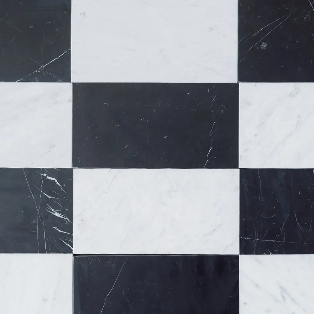 Black and white checkered marble tiles in Como Carrara White and Nero Marquina set