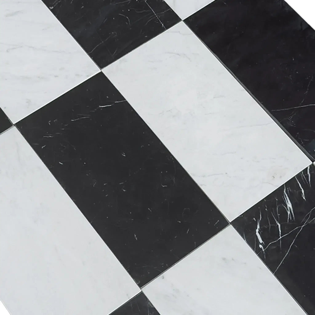 Black and white checkered marble tiles from Como in Carrara White and Nero Marquina set