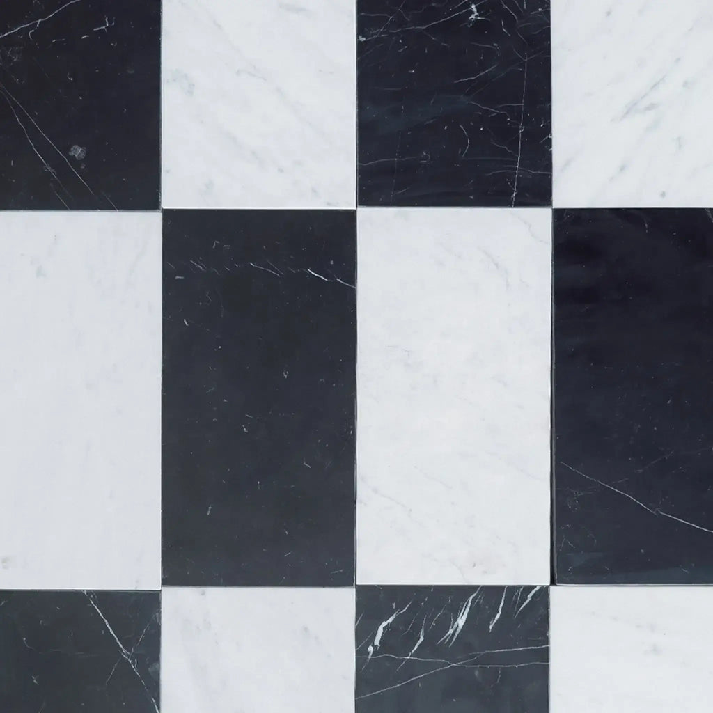 Black and white marble tiles in Como Carrara White and Nero Marquina set 6X12