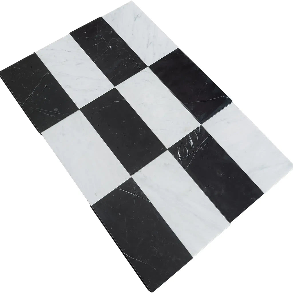 Rectangular black and white checkered tiles in Como in Carrara White and Nero Marquina set