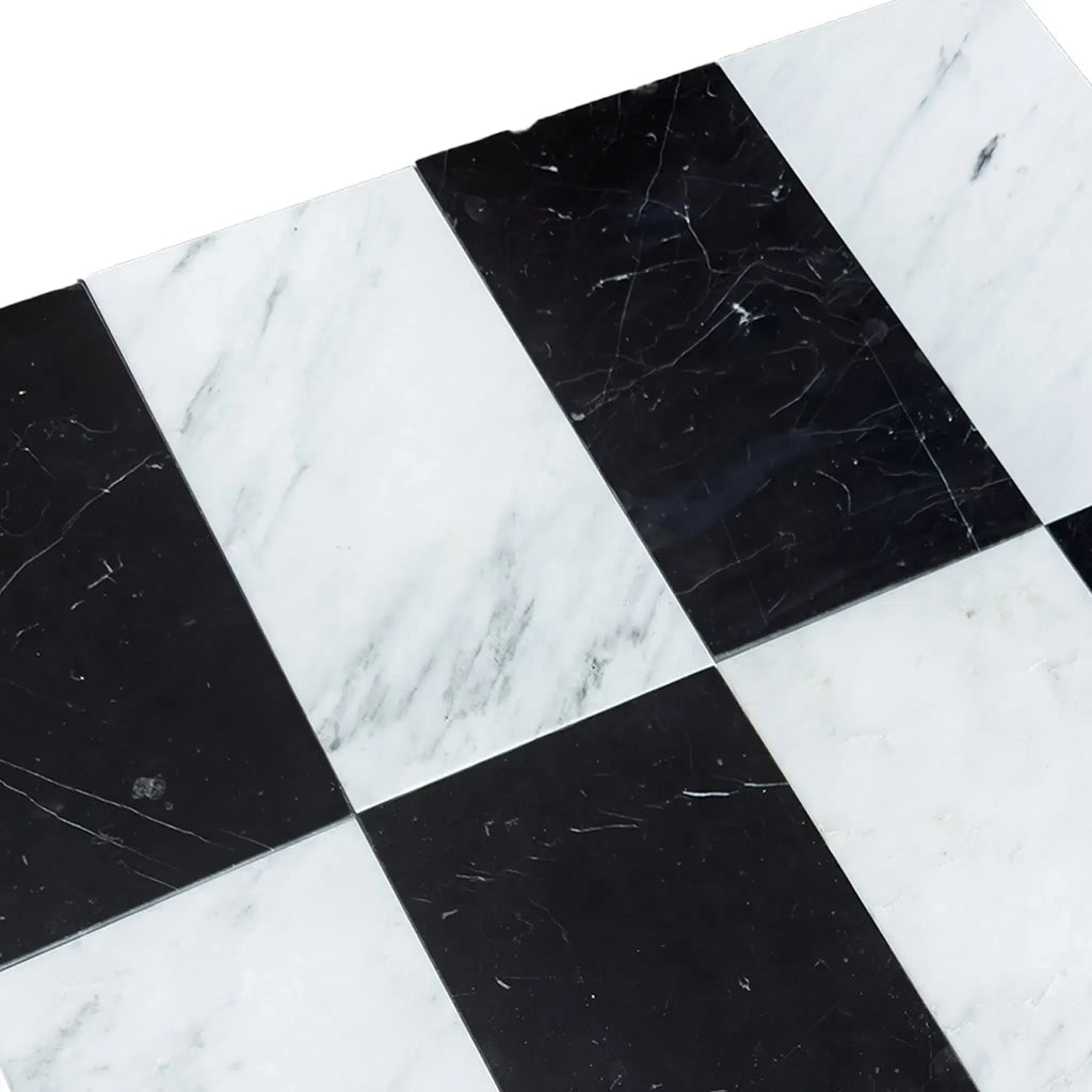 Black and white checkered marble tiles in Como Oriental White and Nero Marquina set