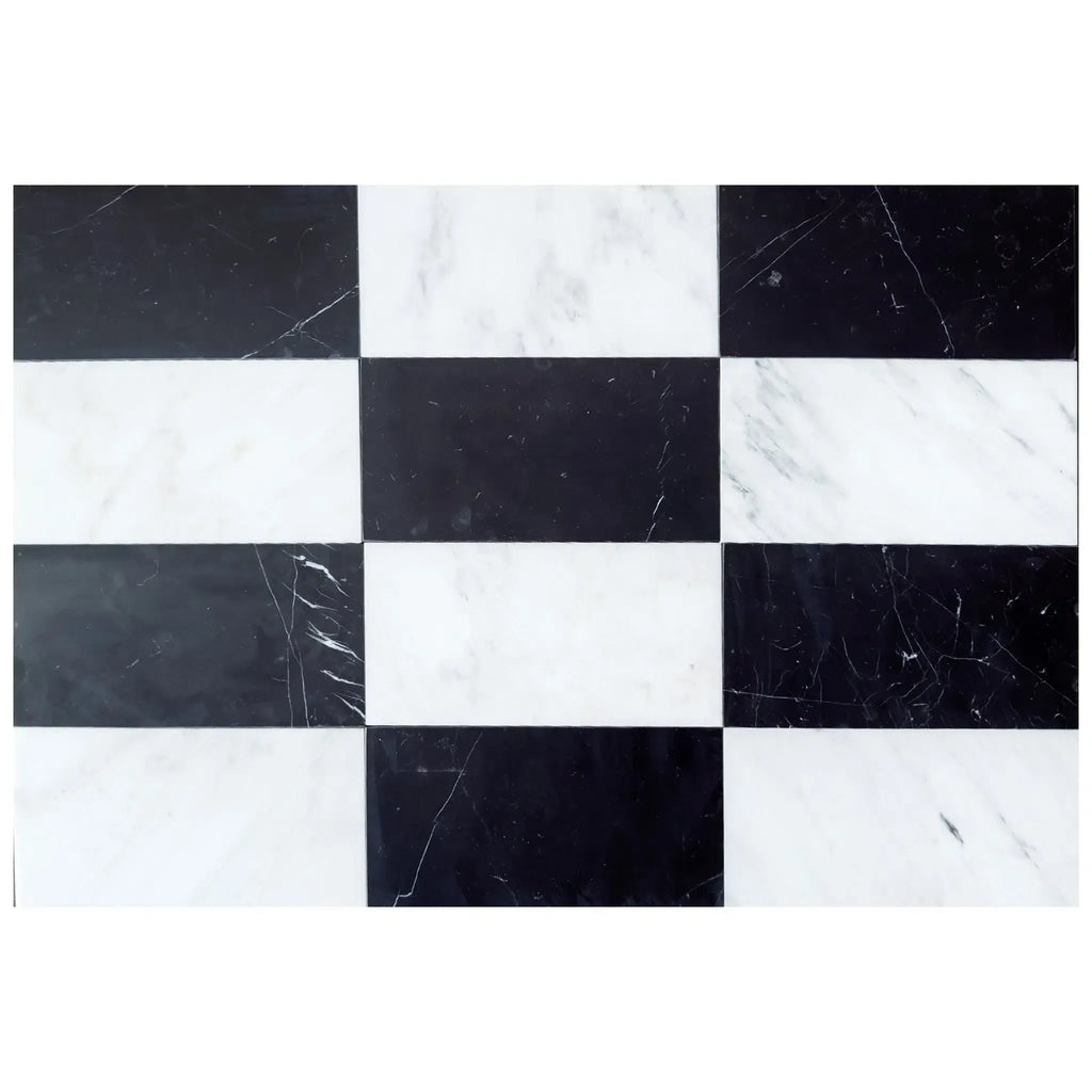 Black and white marble tile pattern of Como in Oriental White and Nero Marquina set