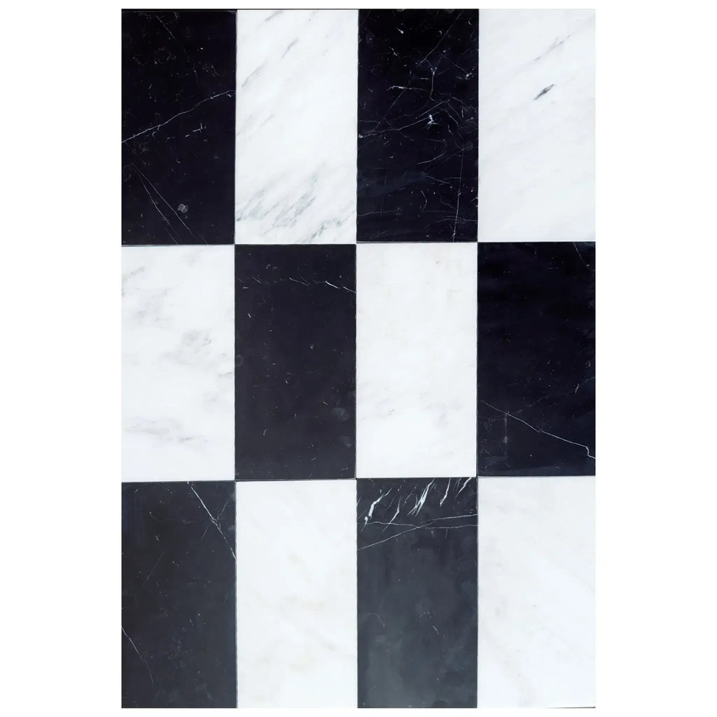 Black and white marble tile pattern in Como in Oriental White and Nero Marquina set