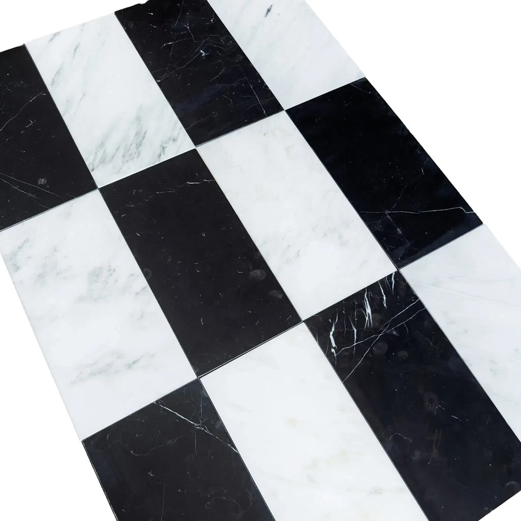 Black and white checkered marble tiles from Como in Oriental White and Nero Marquina set