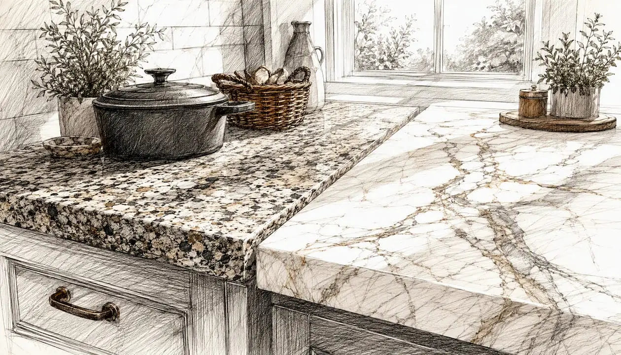 Close-up of granite and marble countertops showing texture differences