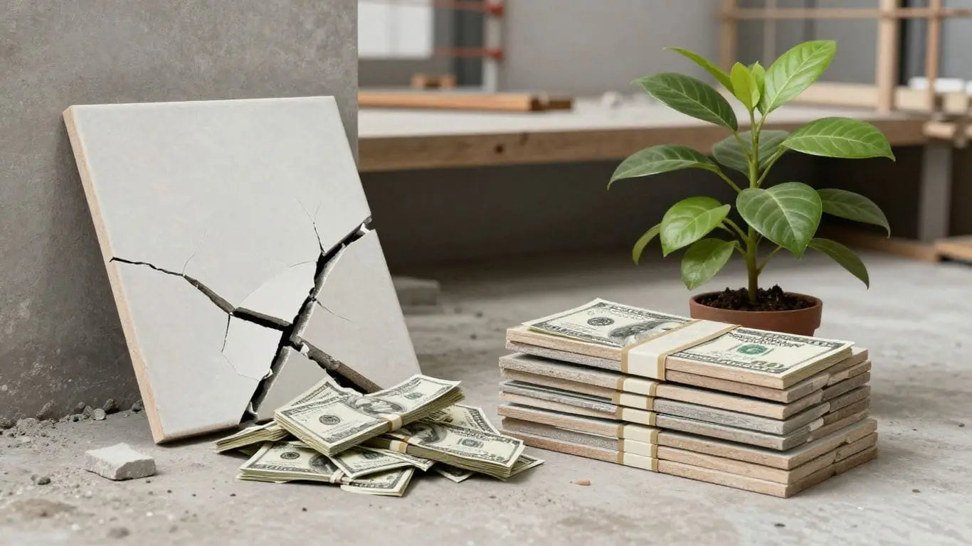 Cracked tile versus quality tile with money