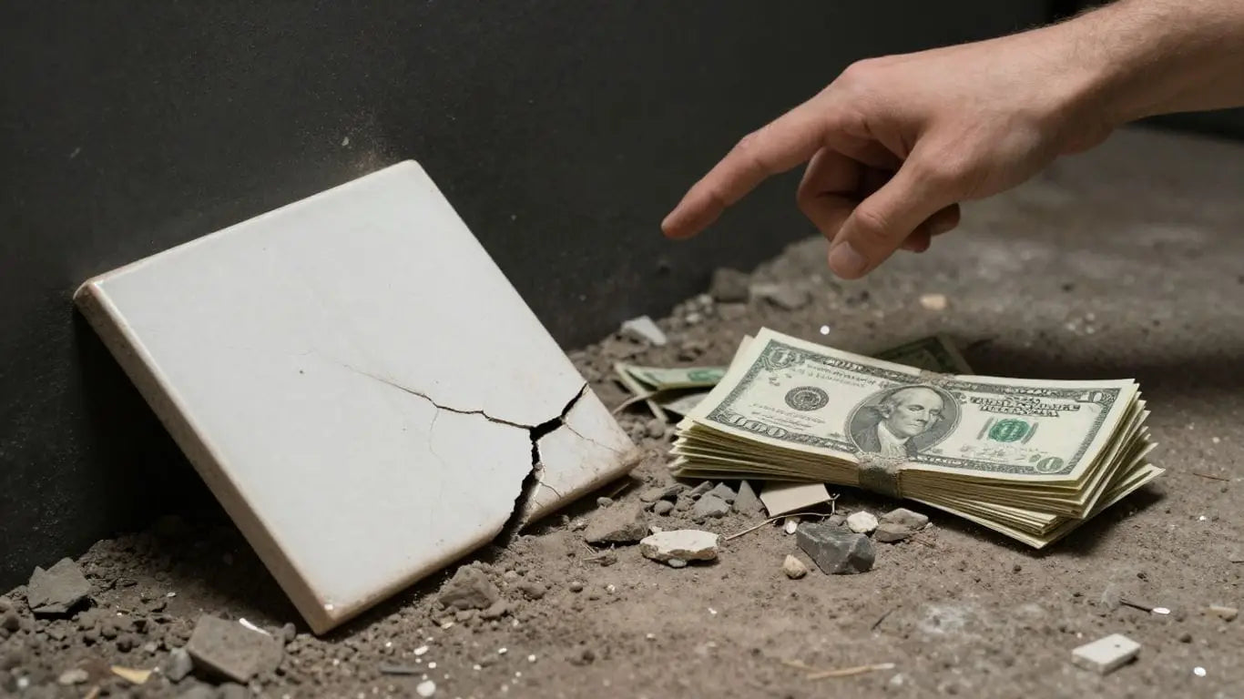 Cracked cheap tile next to dust and money.