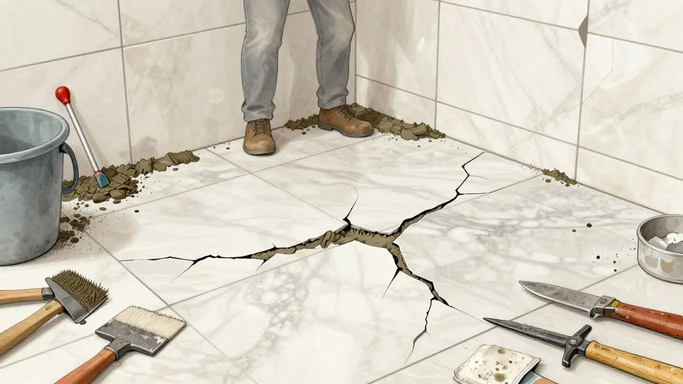 Cracked marble tile floor with installation tools and grout.