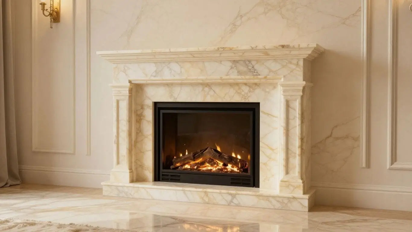 Crema Marfil marble fireplace and floor sketch.
