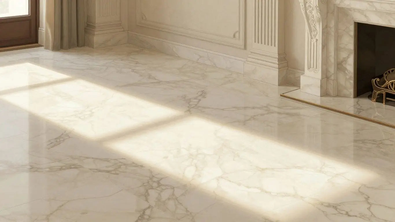 Crema Marfil marble floor in a sunlit room.
