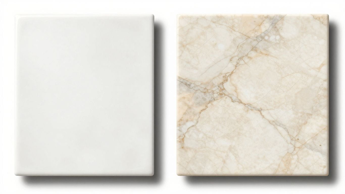 Porcelain tile versus marble tile comparison sketch.