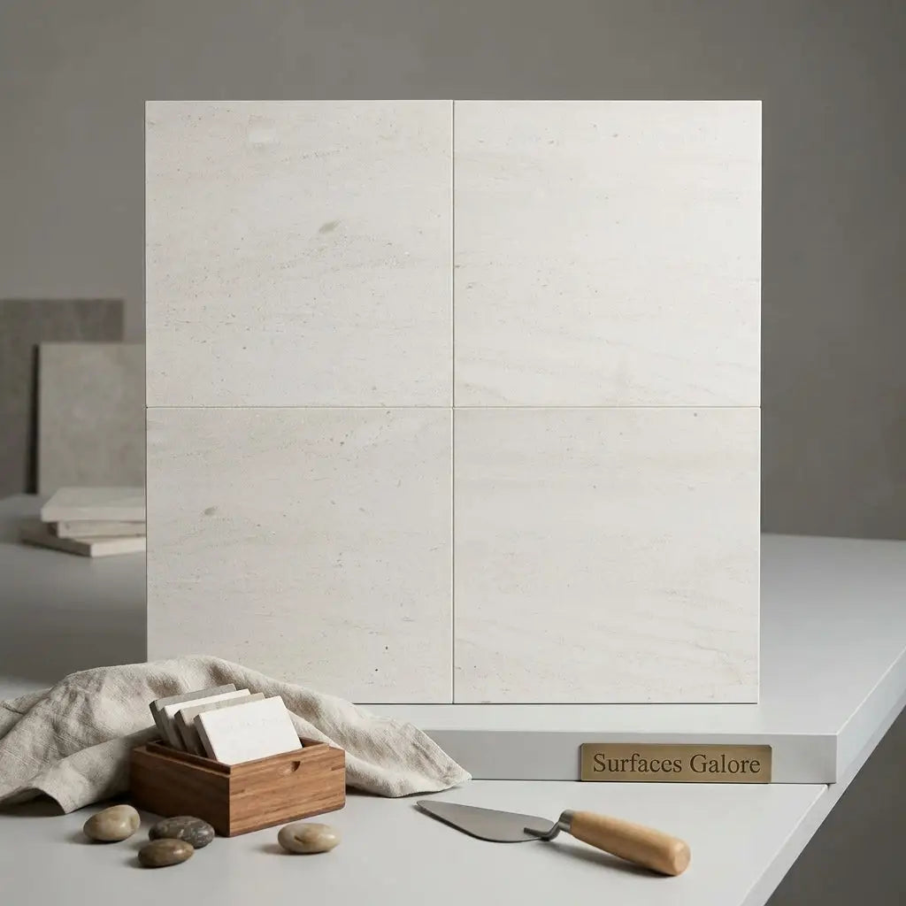Four square off-white marble effect crema haven 12x12 limestone tiles with subtle veining arranged in a grid