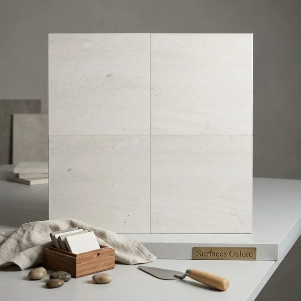 Four square off-white marble effect crema haven 12x12 limestone tiles with subtle veining arranged in a grid