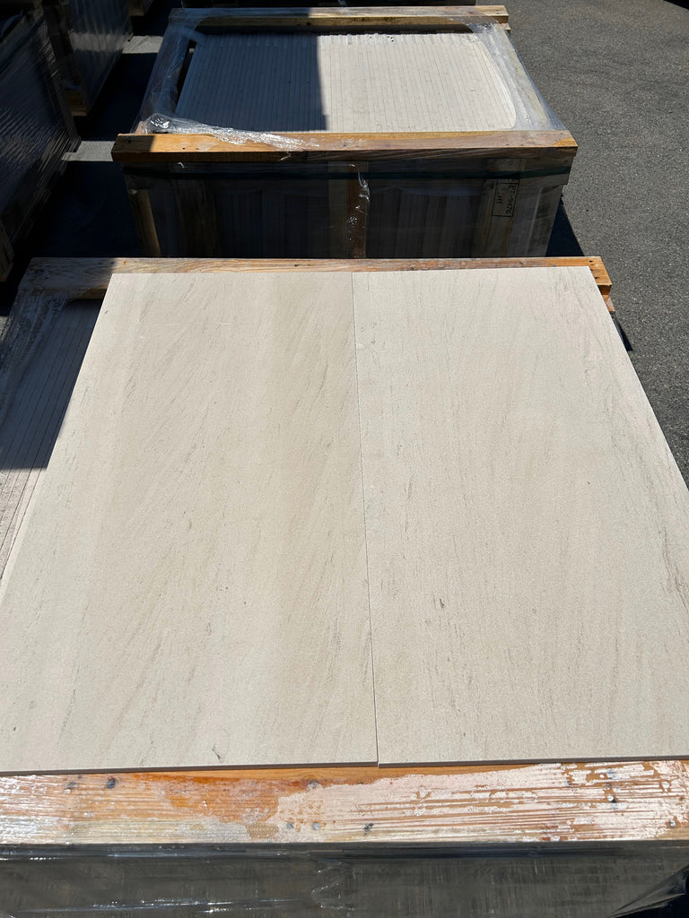 Crema Haven 12x24 limestone brushed beige marble tiles on wooden pallets