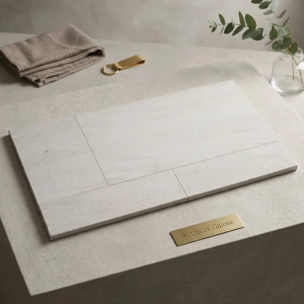 Crema haven 12x24 limestone brushed tile in white marble with subtle veining and a sleek modern design