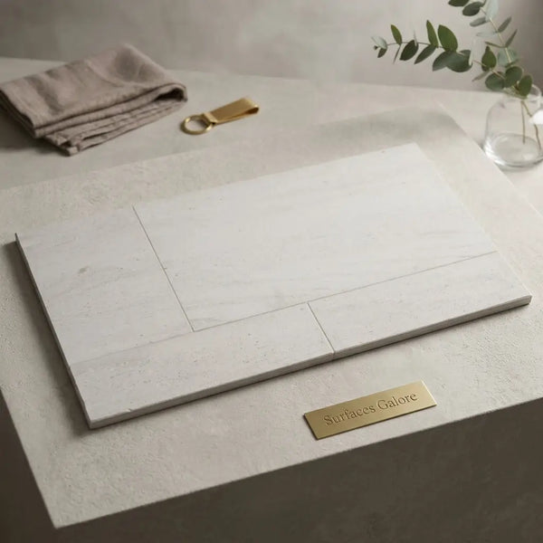 Crema haven 12x24 limestone brushed tile in white marble with subtle veining and a sleek modern design