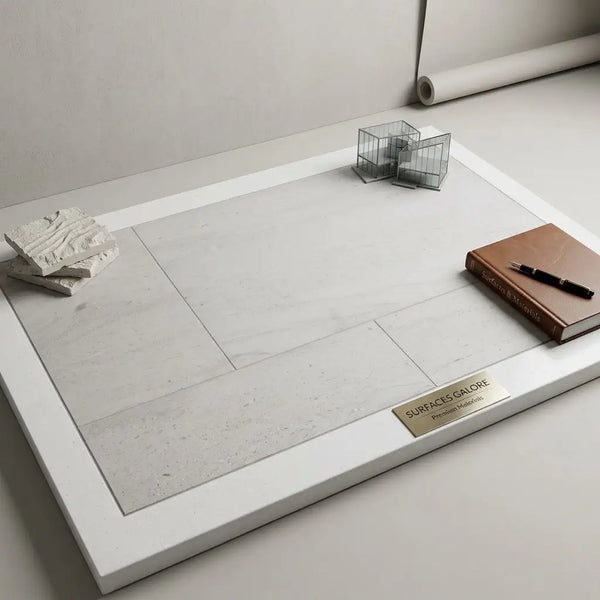 Crema Haven 12x24 limestone tile sample in light gray marble with subtle veining framed in white