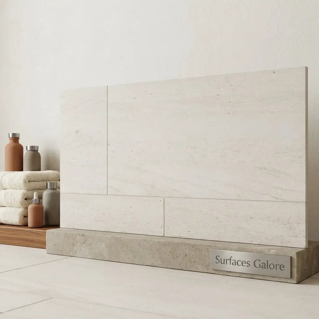 Crema haven 24x24 limestone beige marble-effect ceramic tile panel with subtle veining and matte finish on concrete base