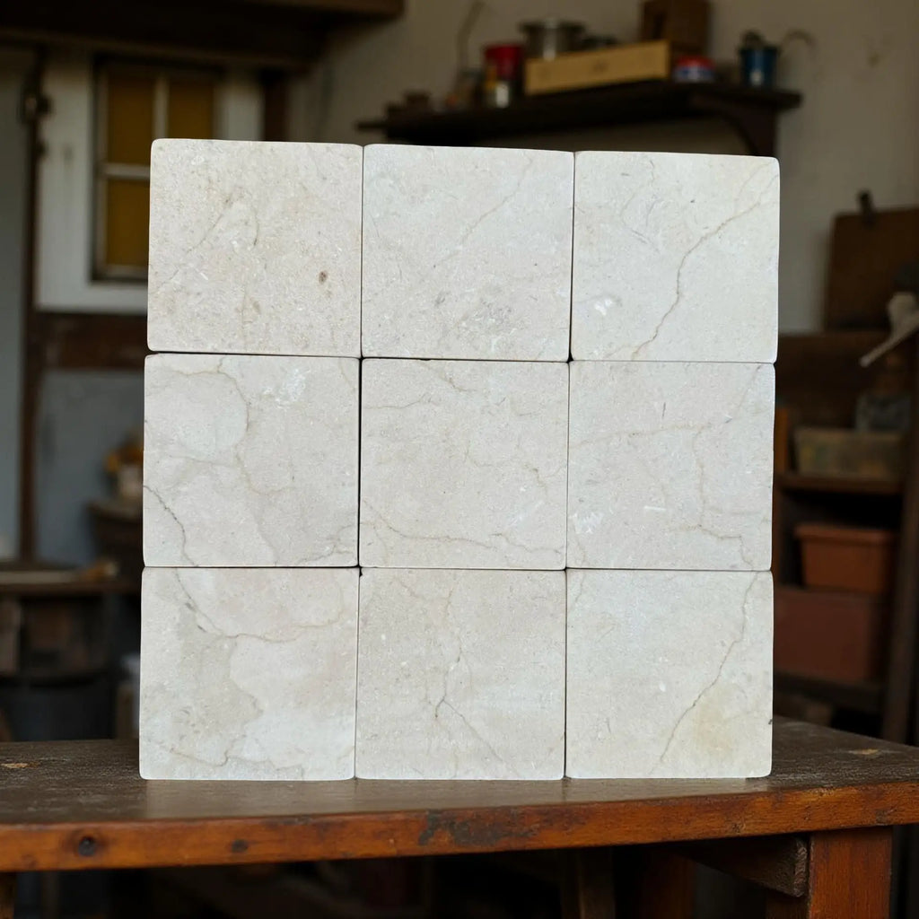 Stack of nine light-colored Crema Marfil 4X4 Tumbled stone tiles with natural veining