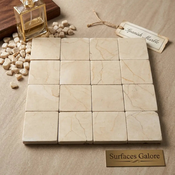 Beige crema marfil 3x3 tumbled spanish marble tiles with subtle veining arranged in a grid pattern