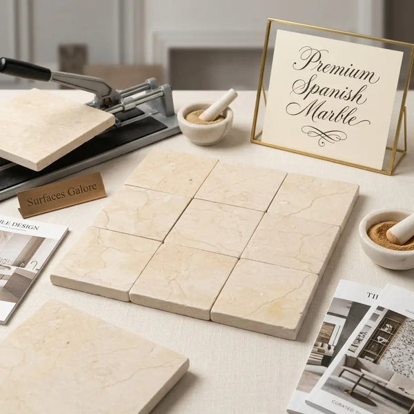 Crema marfil 4x4 soft tumbled beige spanish marble tiles with subtle veining arranged in a grid pattern