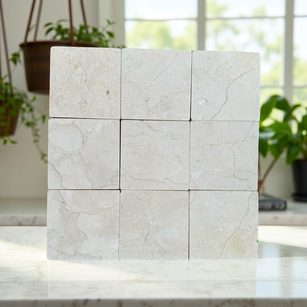 Crema Marfil 4x4 Tumbled marble tiles with light color and subtle veining