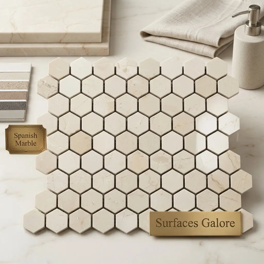 Hexagonal crema marfil marble tiles with subtle veining in polished or honed finish arranged in modern mosaic design