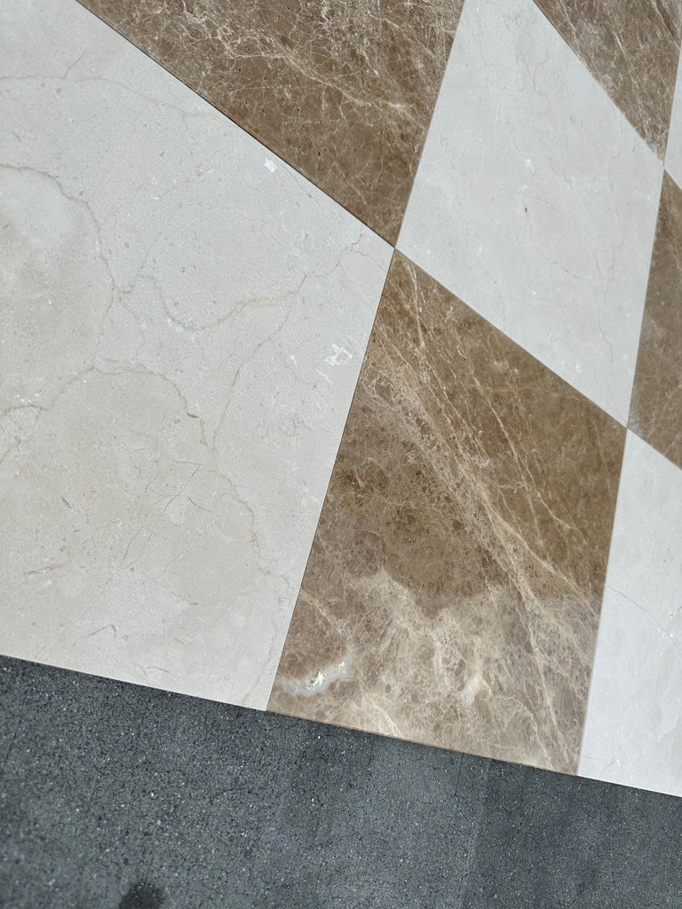 Beige and brown Crema Marfil marble 12x12 tile with glossy finish