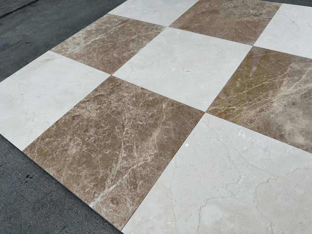 Beige and brown Crema Marfil Marble 12x12 checkered polished or honed tile floor