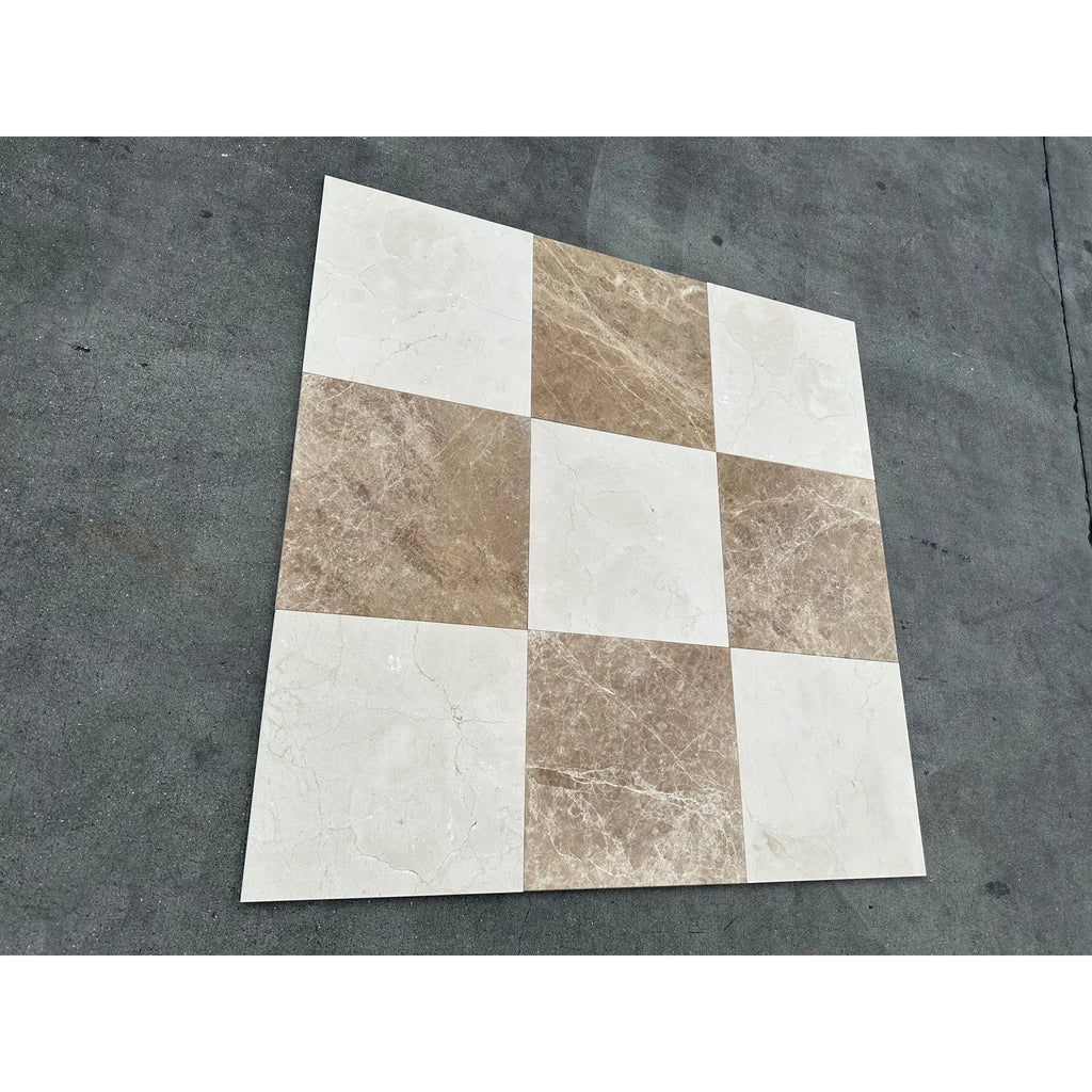 Beige and brown checkered Crema Marfil Marble 12x12 tile sample polished or honed