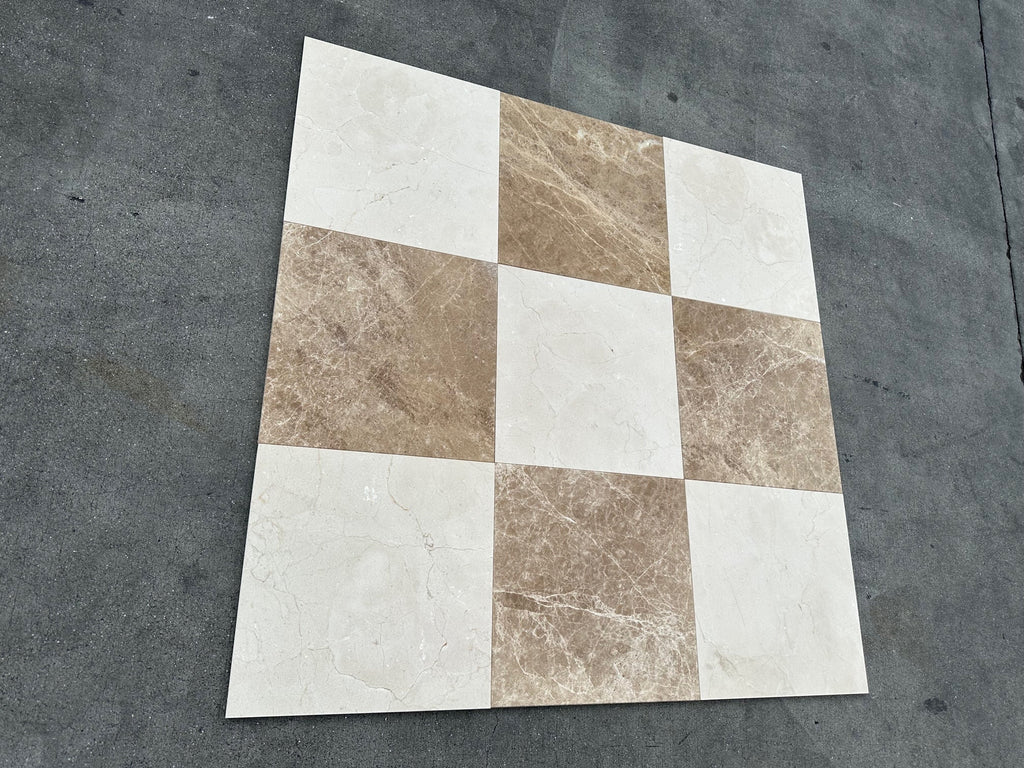 Beige and brown checkered Crema Marfil Marble 12x12 tile sample polished or honed