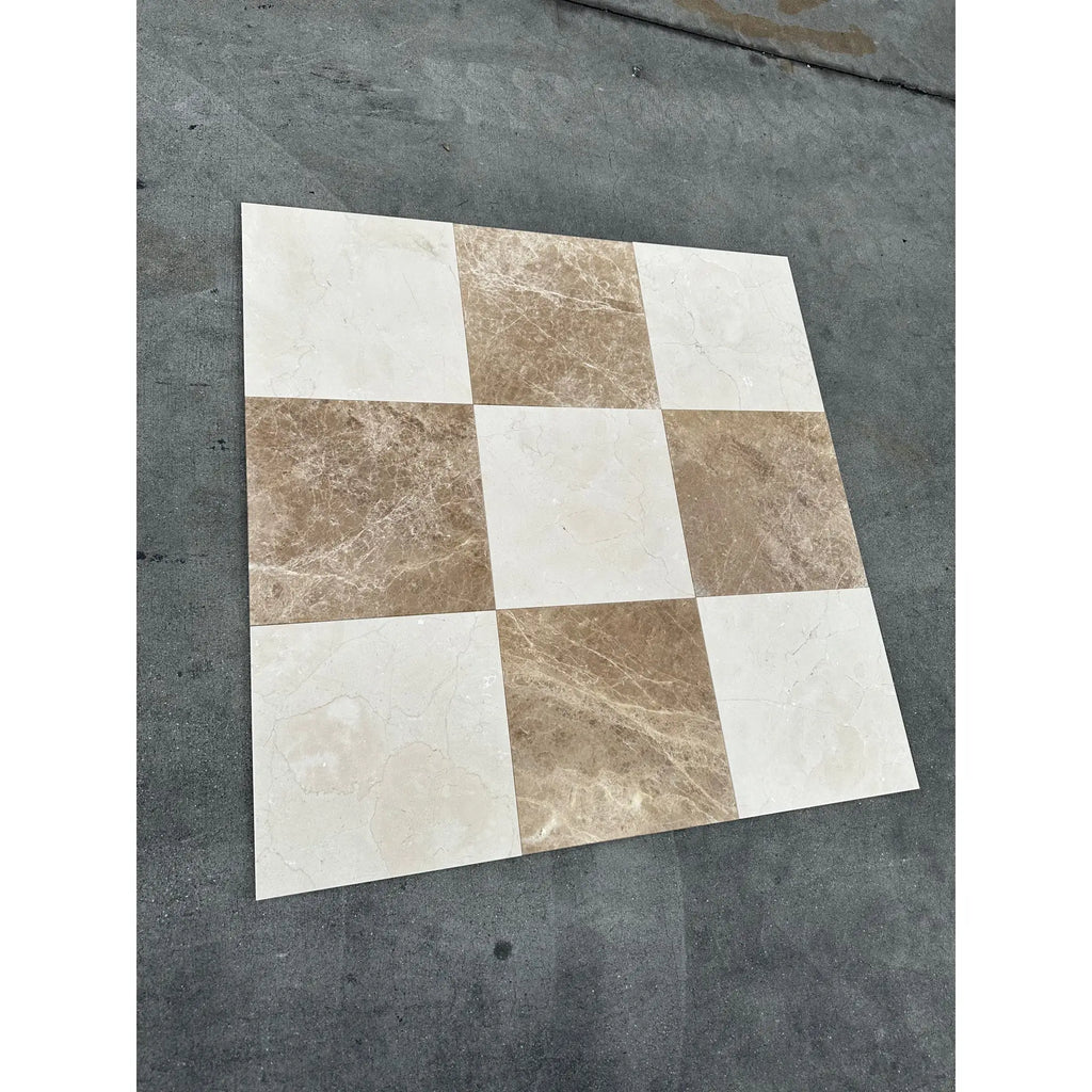 Beige and white marble tile coaster set with checkered pattern for Crema Marfil Marble 12x12