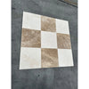 Beige and white Crema Marfil marble tile coaster set with checkered pattern