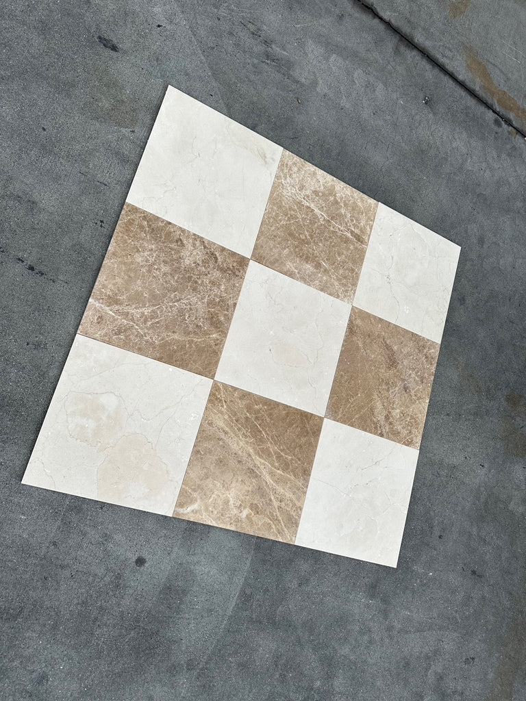 Beige and white checkered Crema Marfil Marble 12x12 tile with marble-like texture