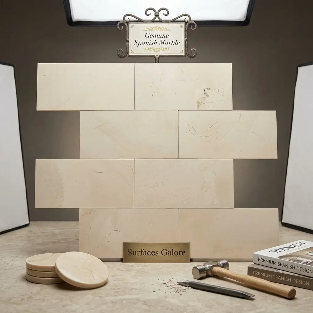 Beige rectangular Crema Marfil marble tiles with subtle veining in a stacked arrangement polished or honed finish