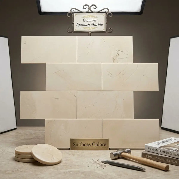 Beige rectangular Crema Marfil marble tiles with subtle veining in a stacked arrangement polished or honed finish