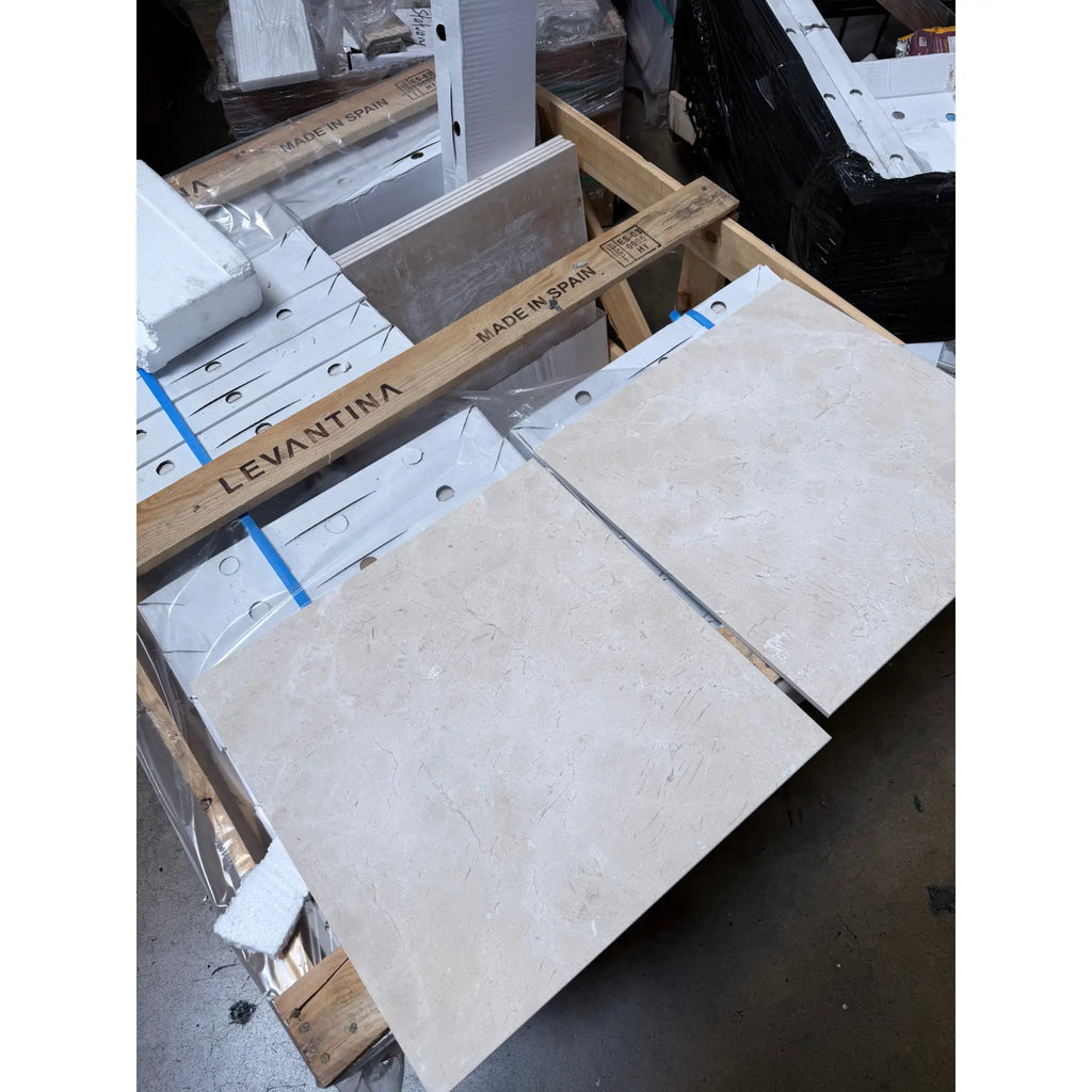Crema Marfil Marble 18x18 Polished or Honed beige veined tiles on pallets
