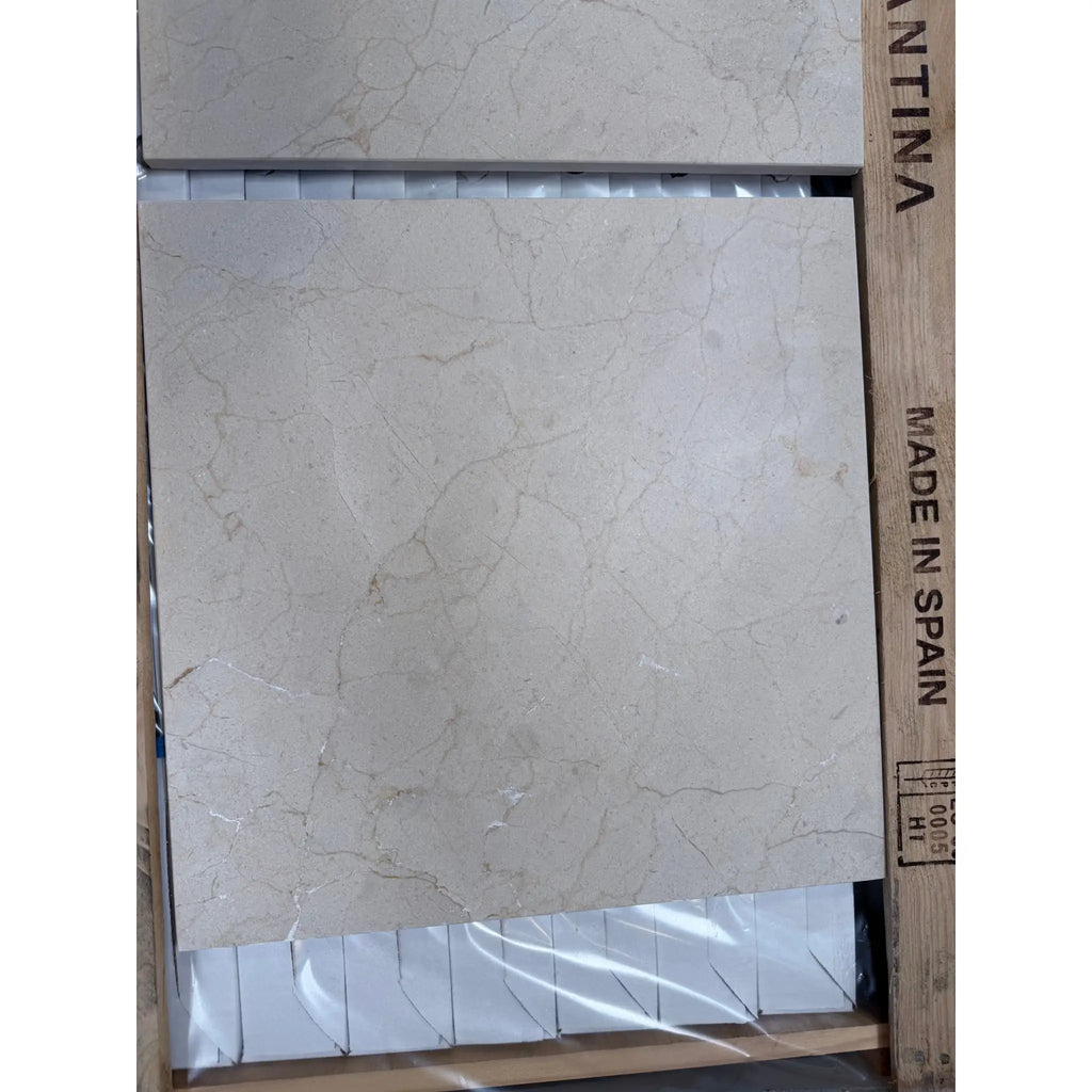 Crema Marfil Marble 18x18 Polished Tile in Wooden Crate, Made in Spain