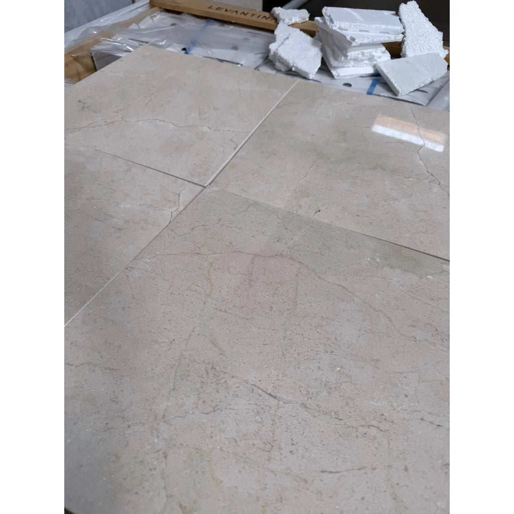 Crema Marfil beige marble 18x18 polished tiles with natural veining