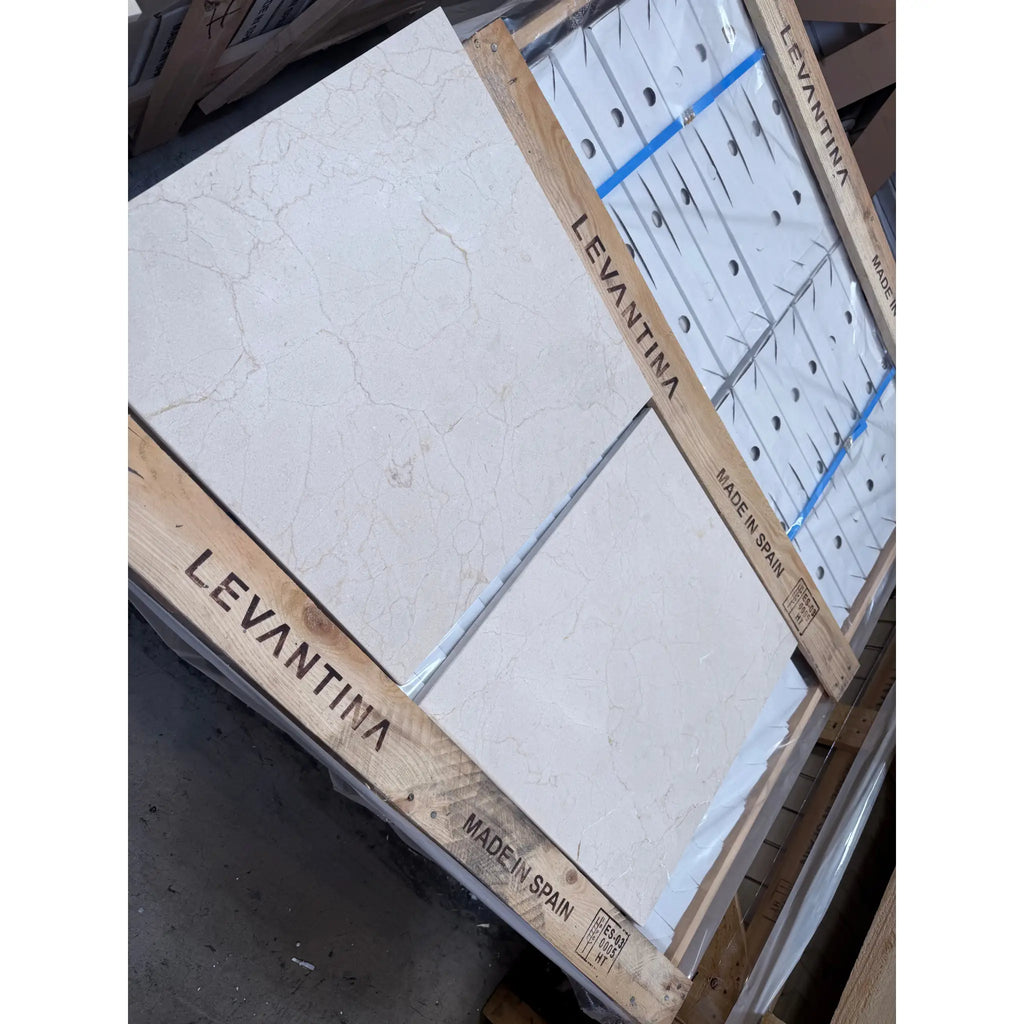 Crema Marfil Marble 18x18 Polished Tiles in Levantina Crates, Spain