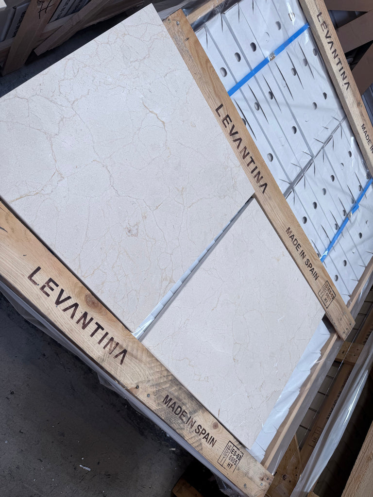 Crema Marfil Marble 18x18 Polished Tiles in Levantina Crates, Spain