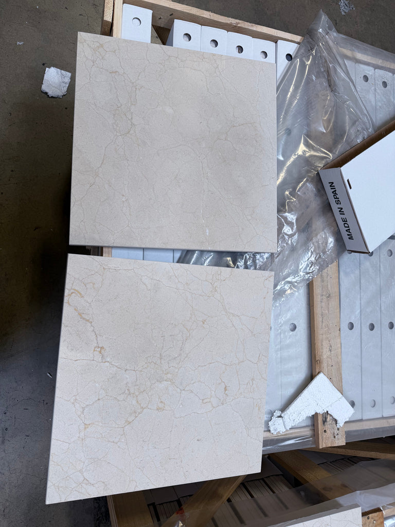Crema Marfil Marble 18x18 Polished or Honed tiles on wooden pallet