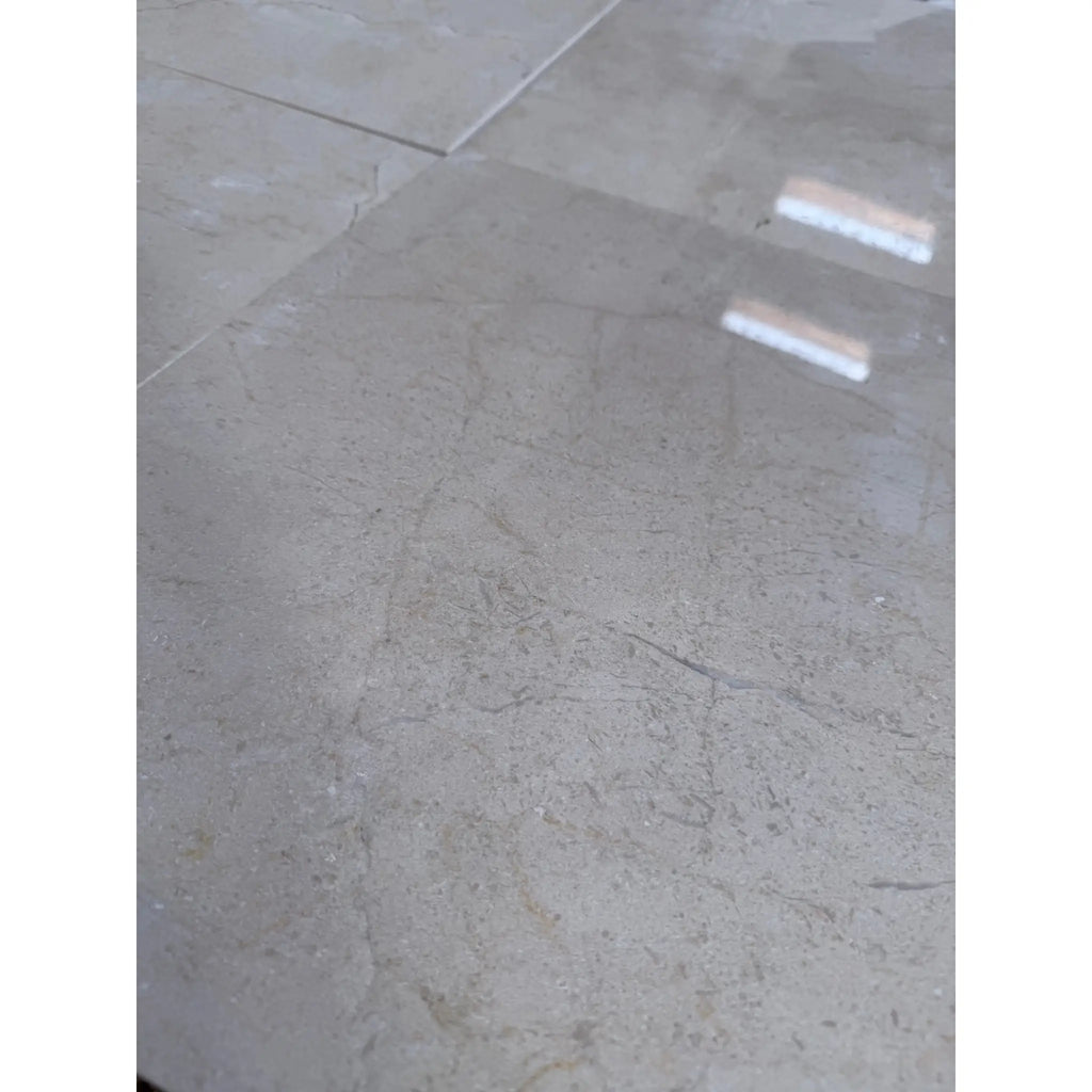 Crema Marfil Marble 18x18 Polished light gray floor tile with veining